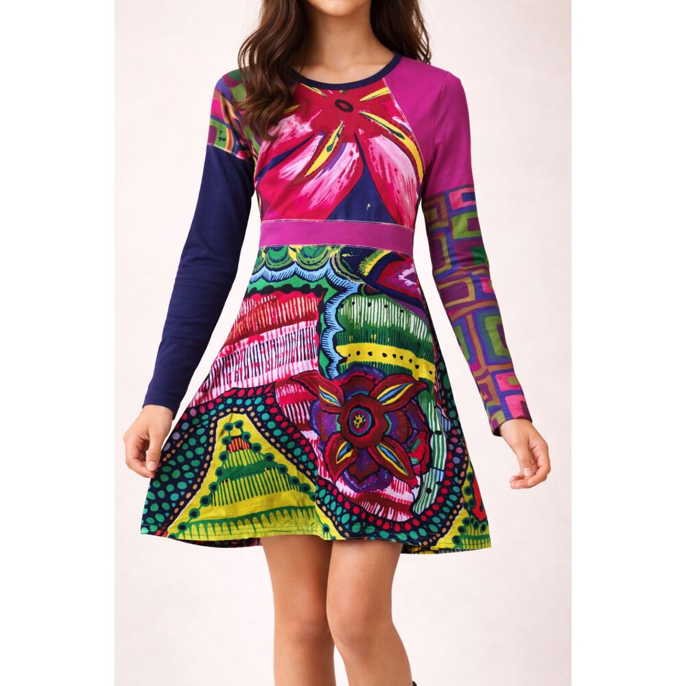Desigual Girls Dress 9/10 100% Cotton Colorful Patchwork Boho Long Sleeve NWT